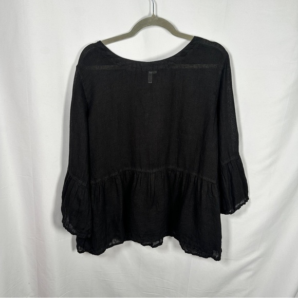 Kleen 100% Linen Peplum Blouse Boho Lagenlook Black Size L Bell Sleeves - Picture 3 of 8